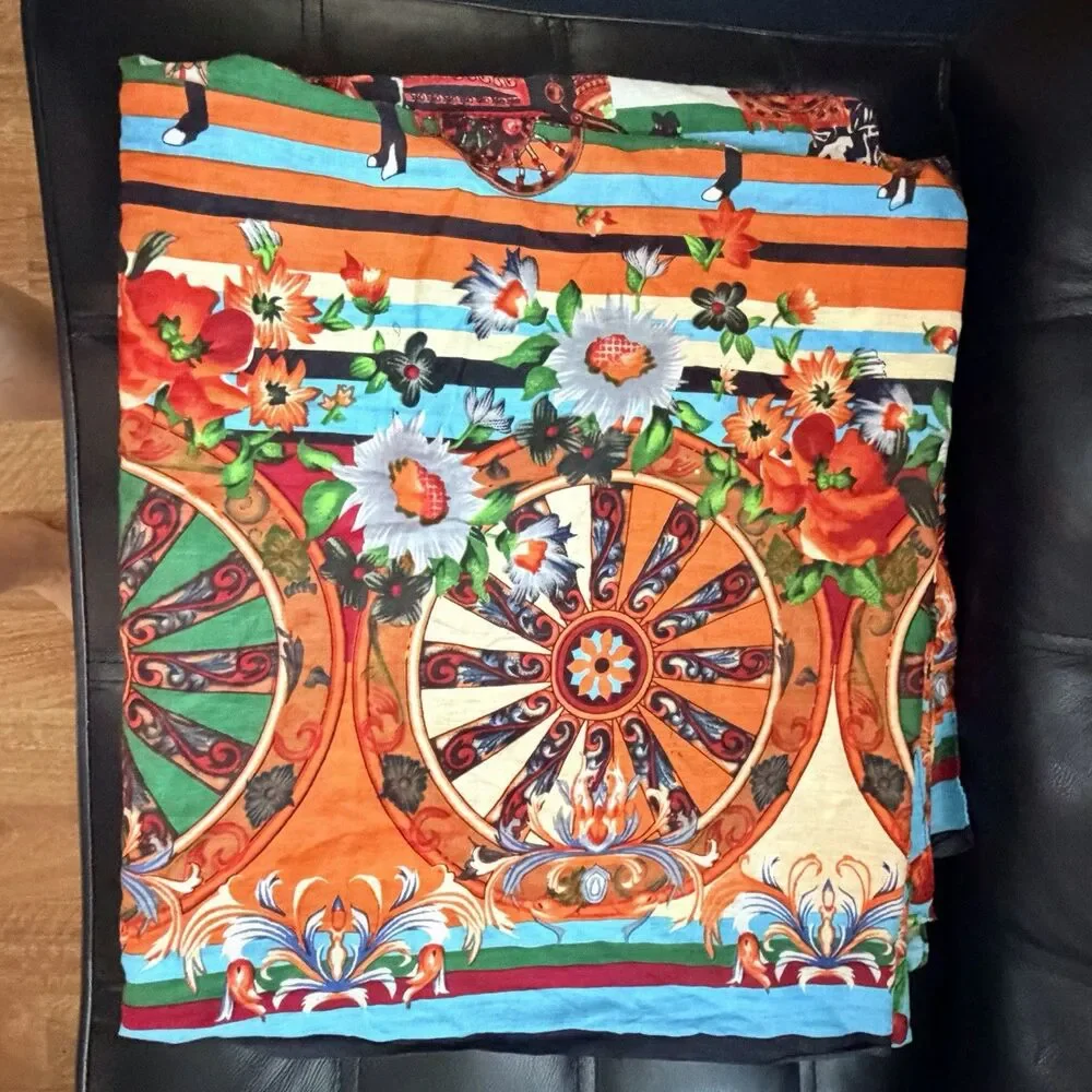 Positano by Jean Paul Oversized Cotton Scarf Floral Horse Carriage Shawl Wrap